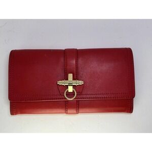 Givenchy Red Leather Wallet Clutch Gold Turn Lock Strap Organizer